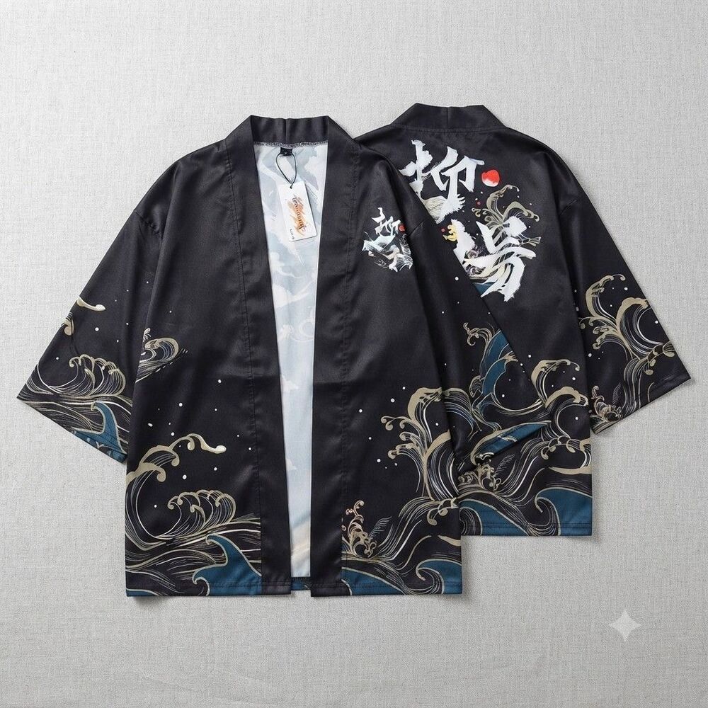 DOSLAVIDA Mens Kimono Cardigan Open Front Jacket Japanese Streetwear Size M